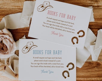 Western Books for Baby Card, Cowboy or Cowgirl Book Request, Rodeo Baby Shower Invitation Book Insert, Editable Text, Templett #0040-163BFB