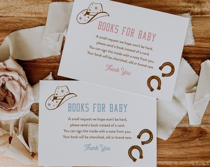 Western Books for Baby Card, Cowboy or Cowgirl Book Request, Rodeo Baby Shower Invitation Book Insert, Editable Text, Templett #0040-163BFB