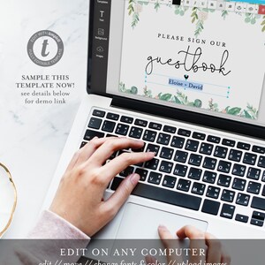 May include: A laptop displaying a wedding guestbook template with floral accents. The screen shows the text "PLEASE SIGN OUR guestbook" and the names "Eloise + David". The laptop is being edited with the Templett software.