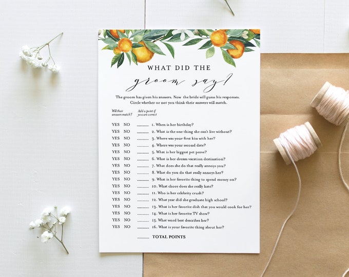 What Did the Groom Say, Bridal Shower Game, Printable Summer Citrus Orange Bridal Game, Editable, Instant Download, Templett #084-226BG