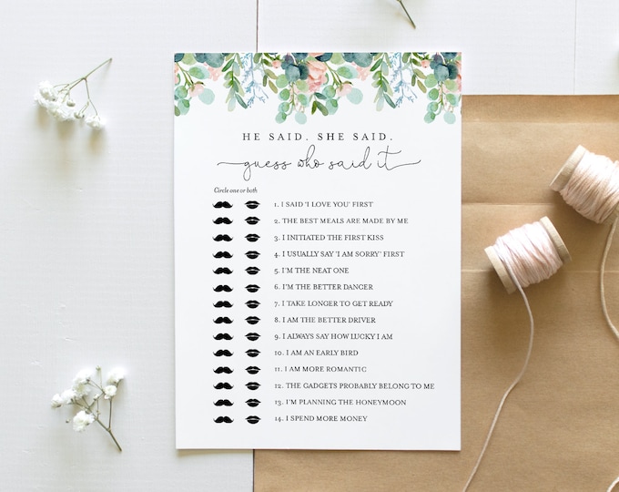 He Said She Said Bridal Shower Game, Guess Who Said It, Lush Garden Bridal Game, Editable Template, Instant Download, Templett #068A-295BG