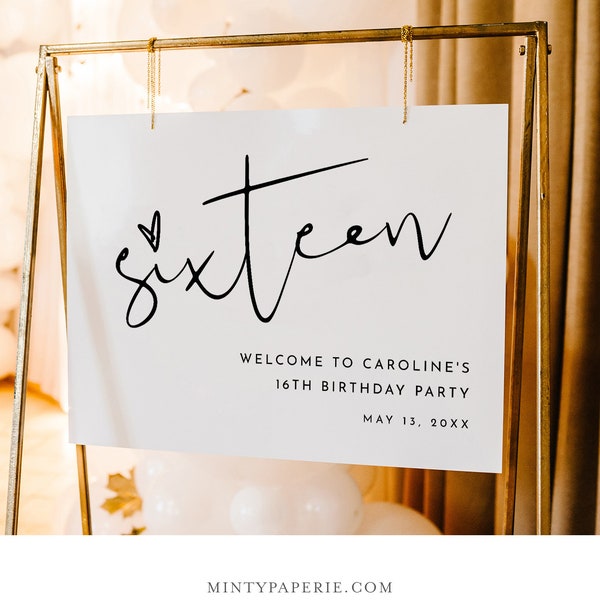 Sweet 16 Birthday Party Welcome Sign, Minimalist, Sixteen, 16th, Editable Template, Printable, Instant Download, Templett #0031-311LS