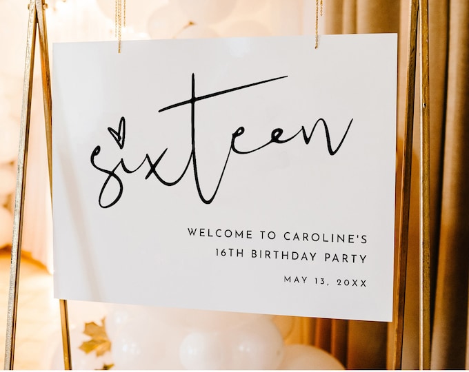 Sweet 16 Birthday Party Welcome Sign, Minimalist, Sixteen, 16th, Editable Template, Printable, Instant Download, Templett #0031-311LS