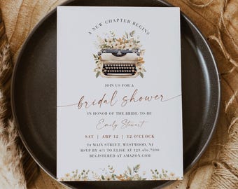 A New Chapter Begins Bridal Shower Invitation Template, Vintage Typewriter, Writer, Book, Instant Download, Editable, Templett #0061-359BS
