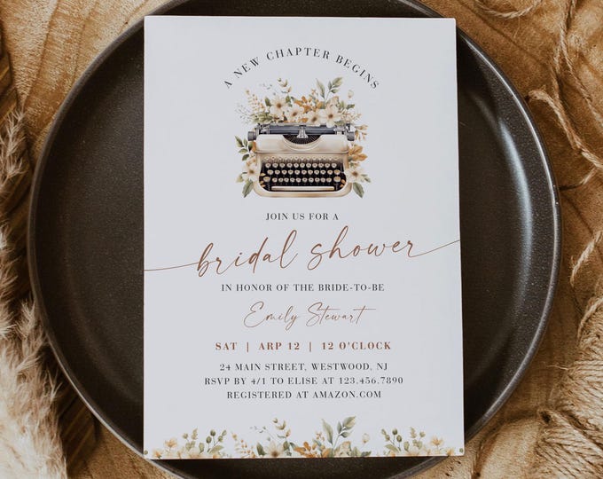 A New Chapter Begins Bridal Shower Invitation Template, Vintage Typewriter, Writer, Book, Instant Download, Editable, Templett #0061-359BS