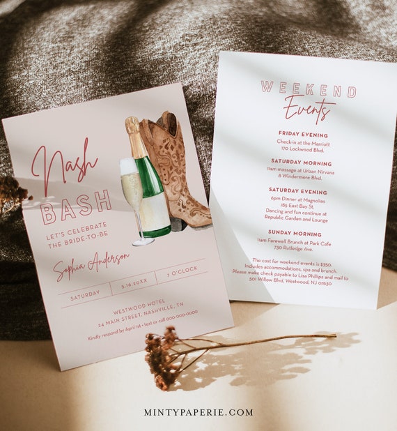 Nash Bash Invite, Nashville Bachelorette Weekend Invitation & Itinerary, Tennessee, Editable Template, Templett, Instant Download #055-155BP