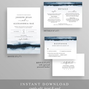May include: A watercolor wedding invitation suite with a blue and white color scheme. The invitation features the names "Joseph Ryan" and "Alexandria Rae" with the date "June 15, 2020". The RSVP card includes the couple's names and address.