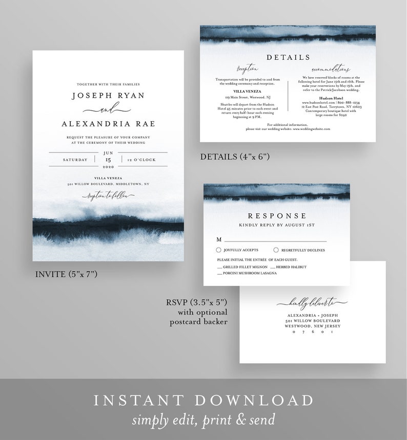 May include: A watercolor wedding invitation suite with a blue and white color scheme. The invitation features the names "Joseph Ryan" and "Alexandria Rae" with the date "June 15, 2020". The RSVP card includes the couple's names and address.