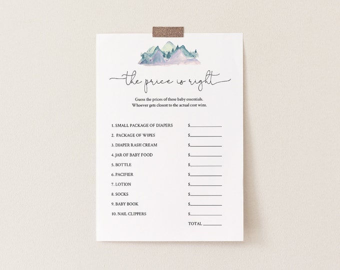 The Price Is Right Baby Shower Game Template, Winter Mountain Pine, 100% Editable Text, Instant Download, Printable, Templett #063-129BASG