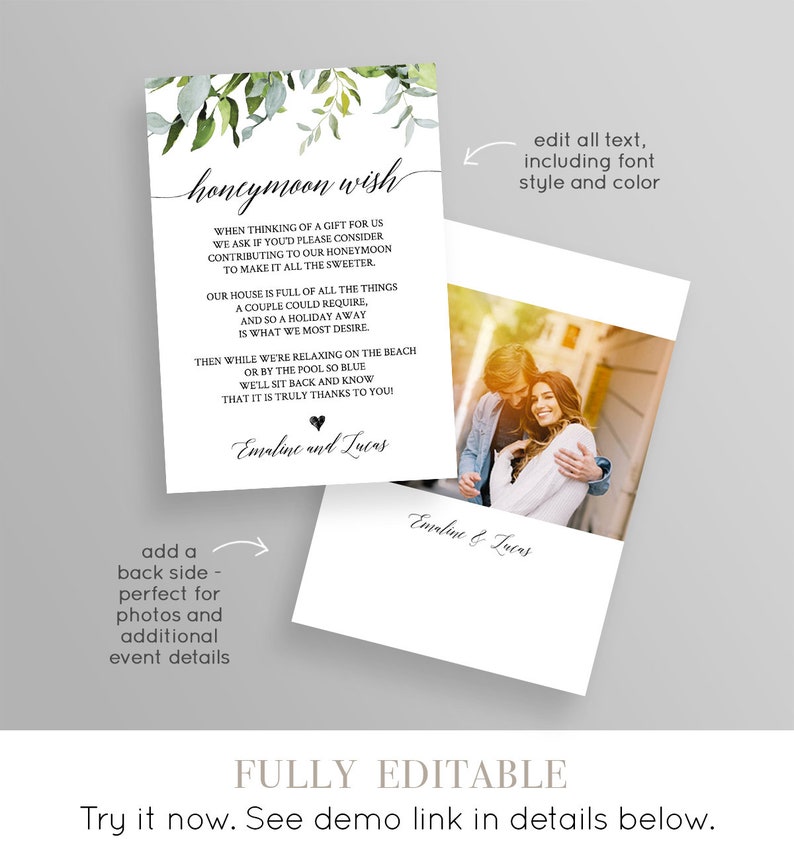 Honeymoon Fund Card, Honeymoon Wish Poem Template, Wedding Insert Card, INSTANT DOWNLOAD, Editatable Text, Printable, Templett 016-112EC image 2