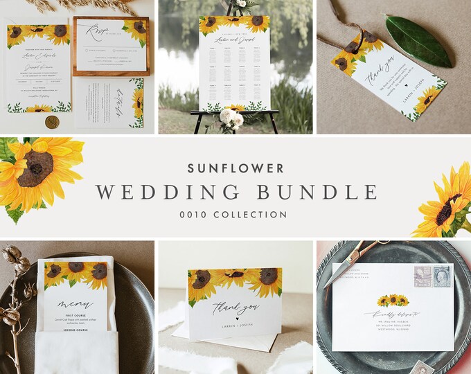 Sunflower Wedding Bundle, Fall Wedding Invitation Suite + Day Of Essentials, Editable Templates, Instant Download, Templett #0010-BUNDLE