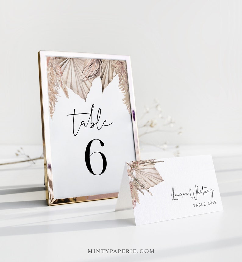 Bohemian Table Number Card Template, Boho Pampas Palm Wedding Table Number, Dried Foliage, Editable, Instant, Templett, DIY 4x6 0022-209TC image 1