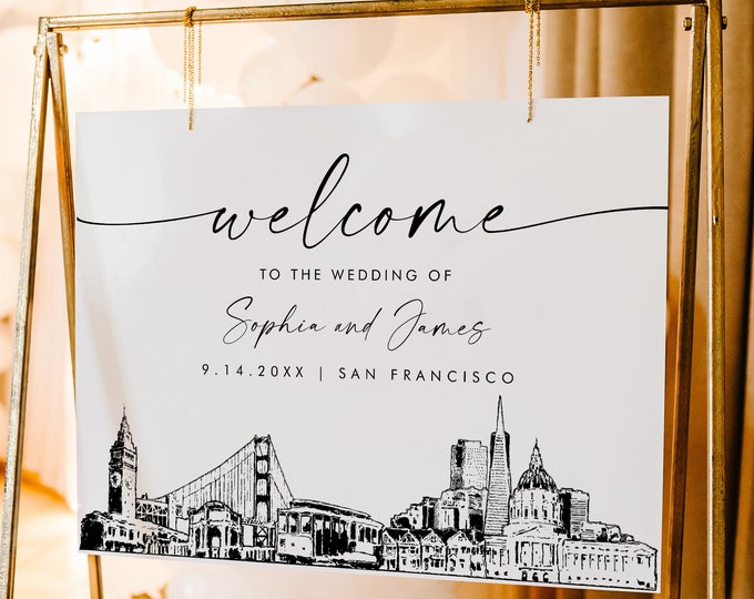 San Francisco Welcome Sign, Cityscape Skyline Wedding Sign, Printable Instant Download, Editable Template, Templett 18x24, 24x36 #0047-353LS