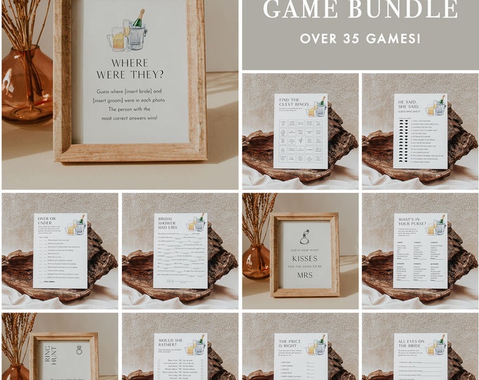 MEGA Bubbles and Brews Bridal Shower Game Bundle, 36 Games, Couples Shower Games, Editable Template, Instant Download, Templett 5x7 #0026D