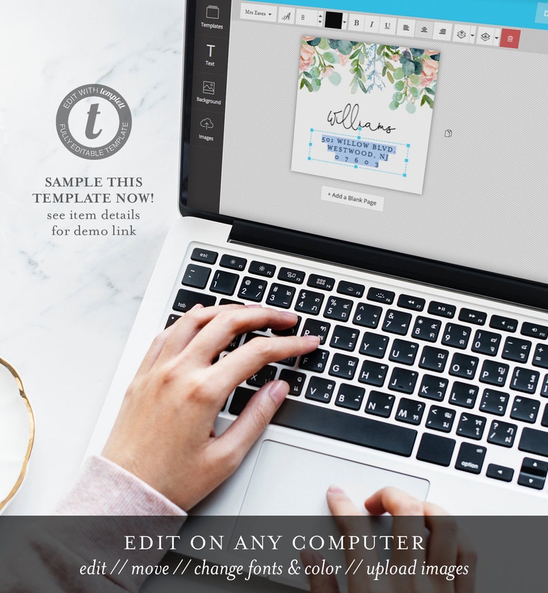 May include: A laptop computer screen displaying a template for a wedding invitation with a watercolor floral design. The template includes text fields for the couple's name, address, and wedding date. The text "williams" is visible on the template. The laptop keyboard is visible with a hand typing on it. The text "EDIT ON ANY COMPUTER" is visible at the bottom of the image.
