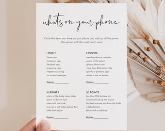 What's on Your Phone Game, Minimalist Bridal Shower Game, Printable Phone Game, Self-Editing Template, Instant Download, Templett 0031-07BRG