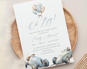 Race Car Baby Shower Invitation, Vintage Car, Racer, Racing, Pit Stop, Raceway, Boy Baby Shower, Editable Template, Templett #0068-260BA