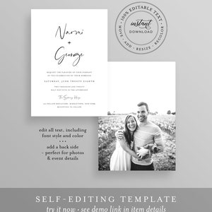 May include: A black and white wedding invitation template with the names Narmi and George, the date Saturday, June Twenty Eighth, Two Thousand and Twenty, and the location The Sony Hig, 501 Willow Boulevard, Middletown, New York. The template is editable and includes a photo of a couple.