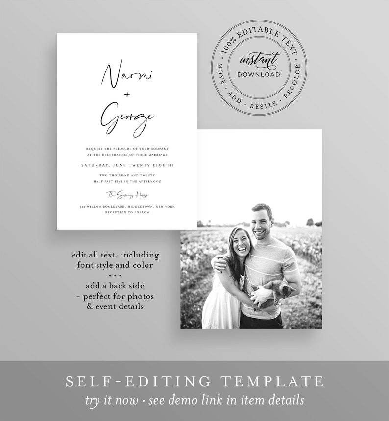 May include: A black and white wedding invitation template with the names Narmi and George, the date Saturday, June Twenty Eighth, Two Thousand and Twenty, and the location The Sony Hig, 501 Willow Boulevard, Middletown, New York. The template is editable and includes a photo of a couple.