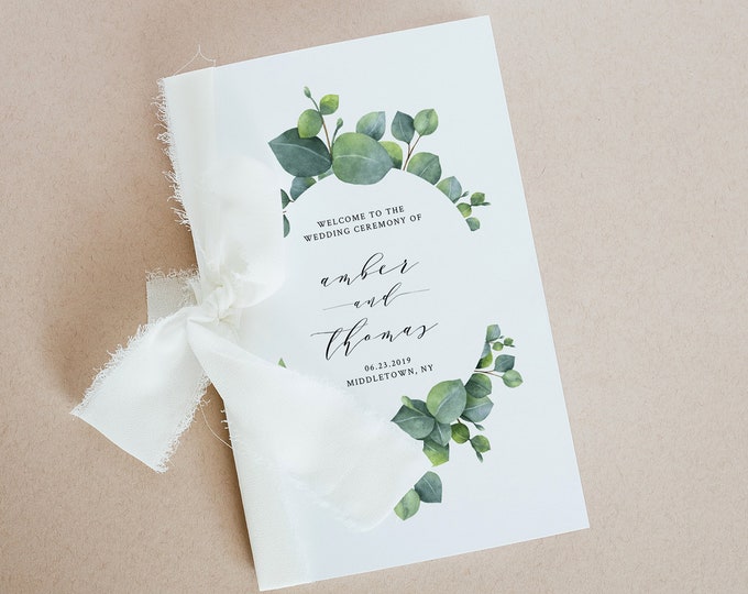 Folded Wedding Program Template, Printable Order of Service, INSTANT DOWNLOAD, 100% Editable, Eucalyptus Program Booklet, Templett 036-117WP