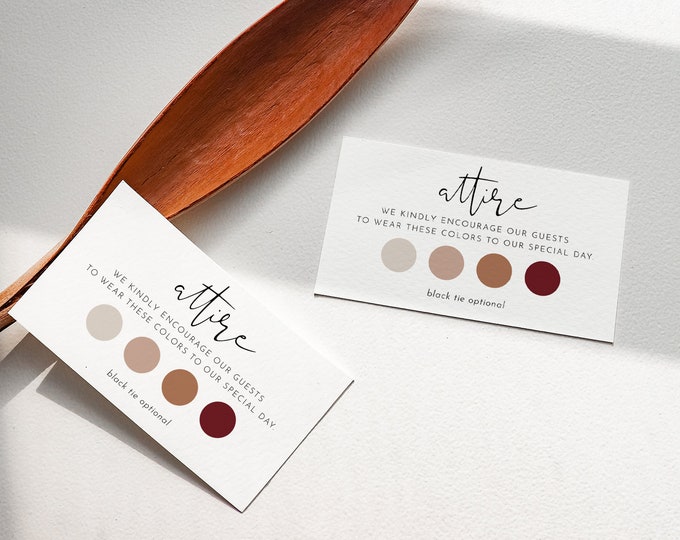 Wedding Attire Card, Info Card, Guest Attire Insert, Dress Code, Minimalist Wedding Color Palette, 100% Editable, Templett #0031-102ATT