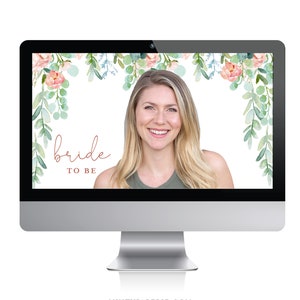 May include: A digital computer screen with a floral background and the text "bride to be". A woman is visible in the screen, smiling at the camera.