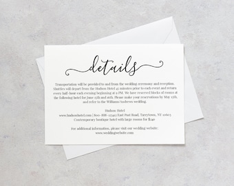 Wedding Details Card Template, Printable Accommodations Card, Wedding Info Card, Instant Download, Fully Editable, Modern Calligraphy #030A