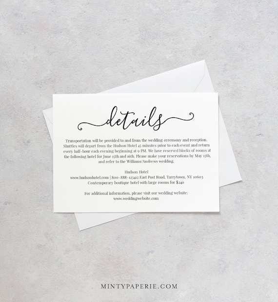 Wedding Details Card Template, Printable Accommodations Card, Wedding Info Card, Instant Download, Fully Editable, Modern Calligraphy #030A