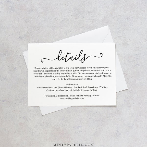 Wedding Details Card Template, Printable Accommodations Card, Wedding Info Card, Instant Download, Fully Editable, Modern Calligraphy #030A