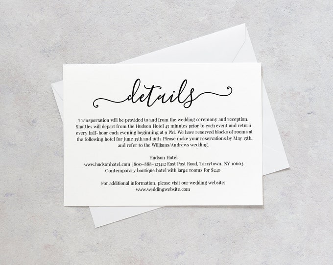 Wedding Details Card Template, Printable Accommodations Card, Wedding Info Card, Instant Download, Fully Editable, Modern Calligraphy #030A