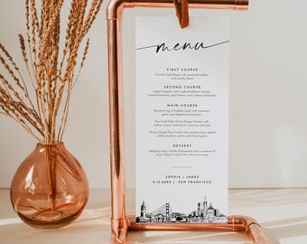San Francisco Menu, Printable San Francisco City Skyline Wedding Dinner Menu Card, Editable Template, Instant Download, Templett #0047-231WM