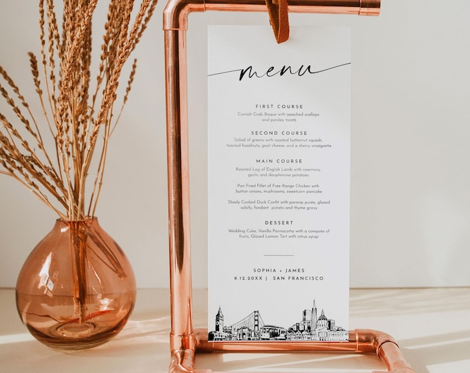 San Francisco Menu, Printable San Francisco City Skyline Wedding Dinner Menu Card, Editable Template, Instant Download, Templett #0047-231WM