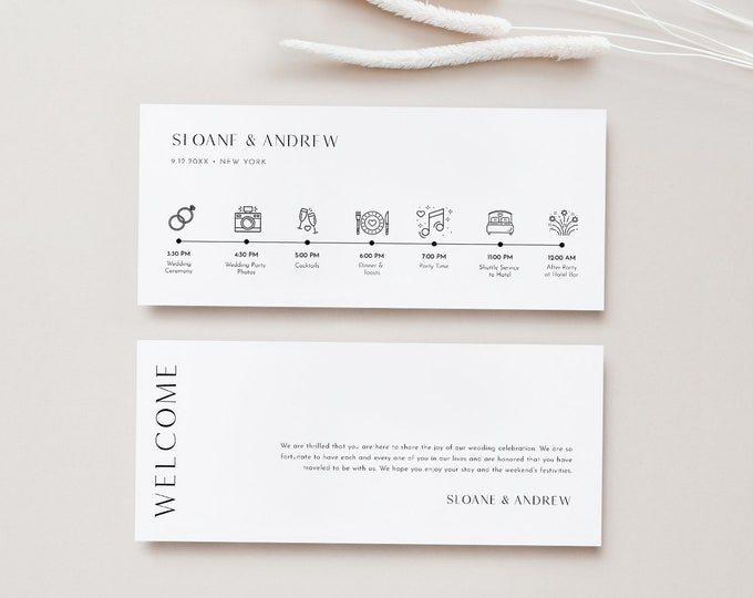 Modern Welcome Letter & Timeline Template, Minimalist Wedding Order of Events, Itinerary, Instant Download, 100% Editable Text #0026B-103WDT