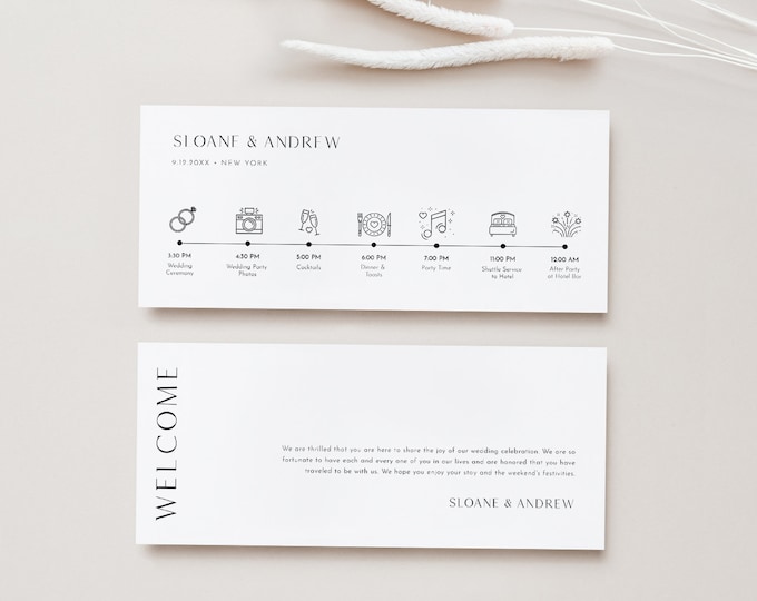 Modern Welcome Letter & Timeline Template, Minimalist Wedding Order of Events, Itinerary, Instant Download, 100% Editable Text #0026B-103WDT