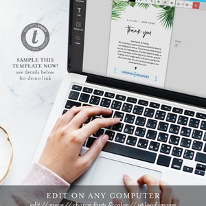 May include: A laptop computer with a thank you card displayed on the screen. The card has a tropical leaf design and the text "Thank You" in a bold font. The text "Dear Family & Friends" is also visible on the card. The laptop keyboard is visible with a hand typing on it.