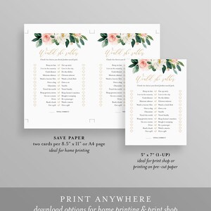 May include: Two printable game cards with a floral design. The cards feature the text "Would she rather" and a list of questions to answer about a person. The cards are designed for a bridal shower or bachelorette party.