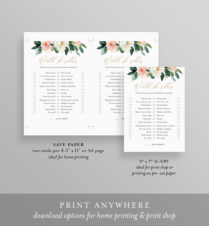 May include: Two printable game cards with a floral design. The cards feature the text "Would she rather" and a list of questions to answer about a person. The cards are designed for a bridal shower or bachelorette party.