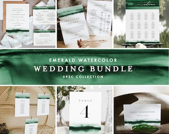 Emerald Wedding Bundle, Watercolor Wedding Essential Templates, Invitation Suite, Editable Text, Instant Download, Templett #093C-BUNDLE