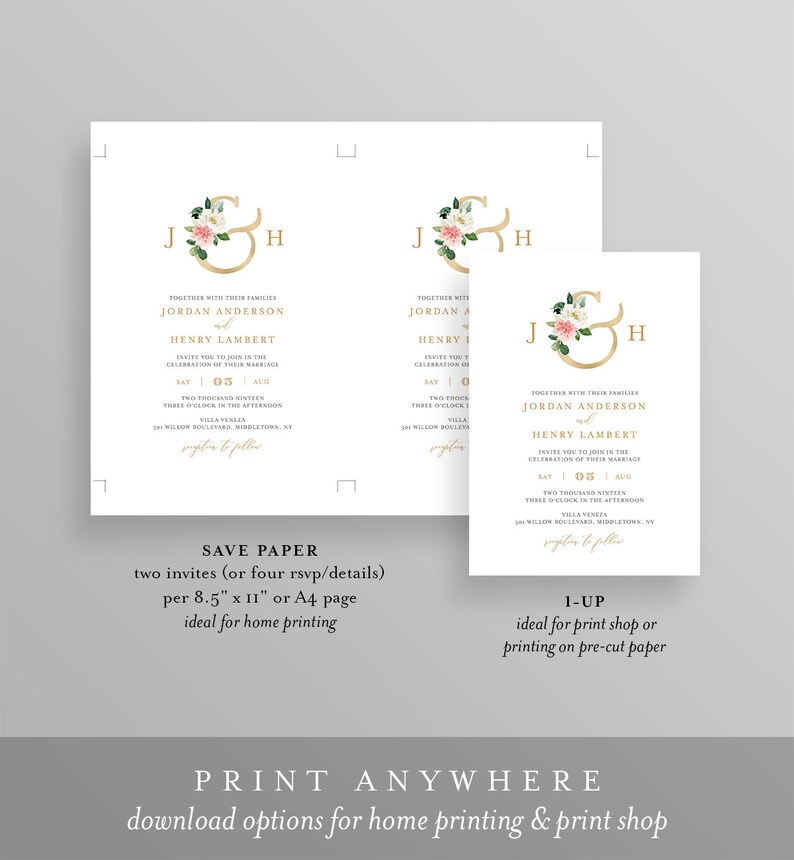 Boho Wedding Invitation Suite Greenery and Gold Blush Florals INSTANT DOWNLOAD Editable Text Wedding Monogram Templett DIY #043C