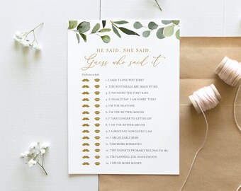 He Said She Said Bridal Shower Game, Guess Who Said It, Greenery Bridal Shower Game, Editable Template, Instant Download, Templett 056-216BG