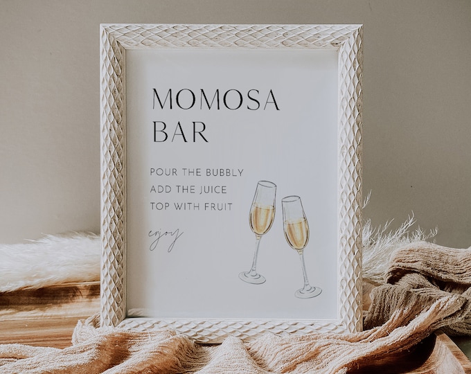 Momosa Bar Sign & Tag, Minimalist Baby Shower Mimosa Sign, Bubbly Bar, Editable Template, Printable, Instant Download, Templett  #0026B-07S