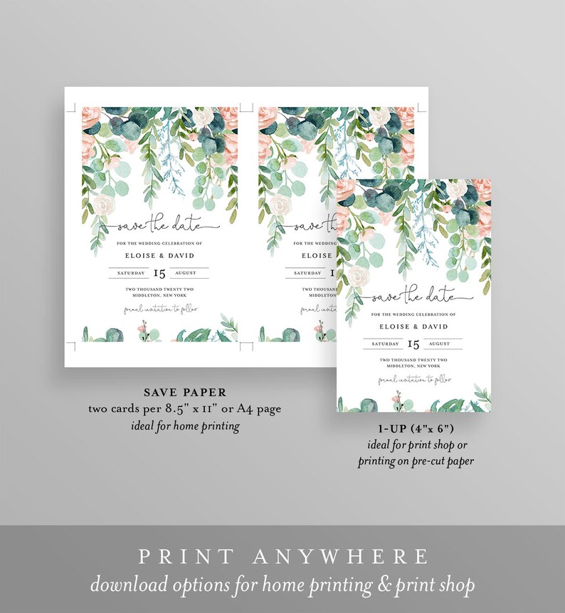 Lush Garden Save the Date Template, 100% Editable Text, Greenery & Blush Floral Wedding Date, Templett, Instant Download 068A-182SD image 5