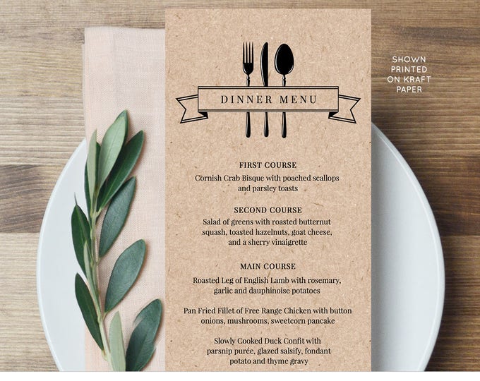 Printable Menu Card, INSTANT DOWNLOAD, Wedding Dinner Menu Template, DiY Menu Card, Rustic Kraft Wedding, Editable Template, Digital #107WM