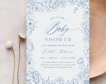 French Toile Baby Shower Invitation, Vintage Blue Floral Invite, Chinoiserie, Editable Template, Instant Download, Templett, 5x7 #0062-257BA