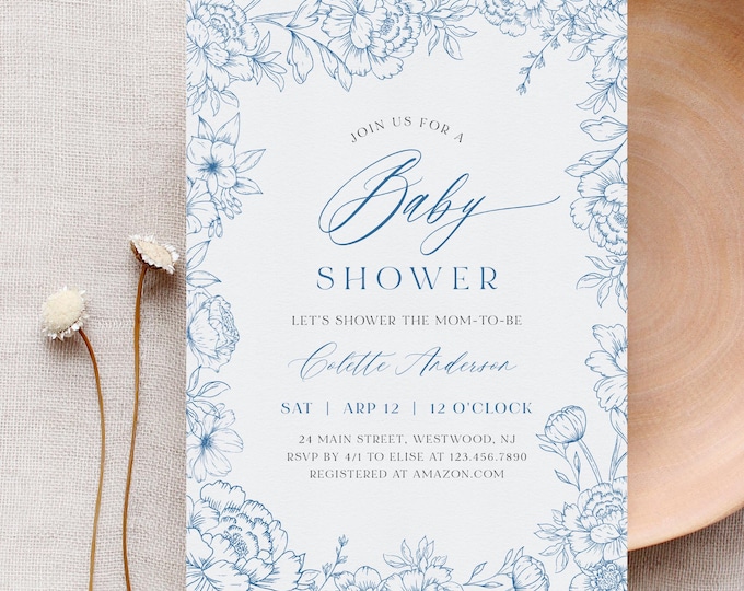 French Toile Baby Shower Invitation, Vintage Blue Floral Invite, Chinoiserie, Editable Template, Instant Download, Templett, 5x7 #0062-257BA
