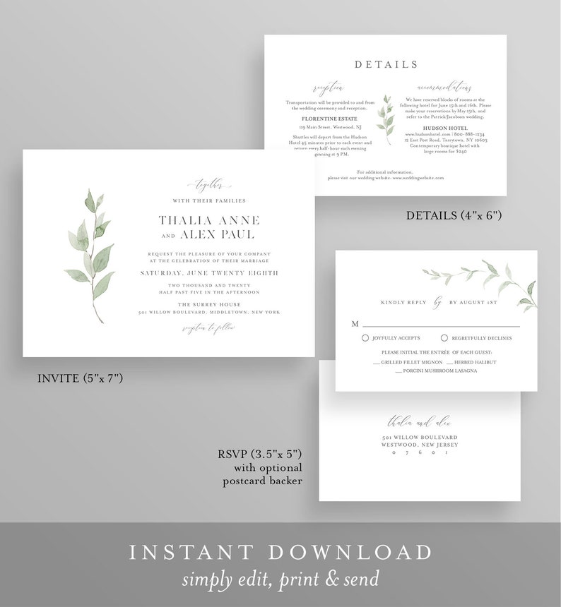 Minimalist Greenery Wedding Invitation, Delicate Whisper Laurels Wedding Invite, Editable Template, Instant Download, Templett 0004B2 image 3