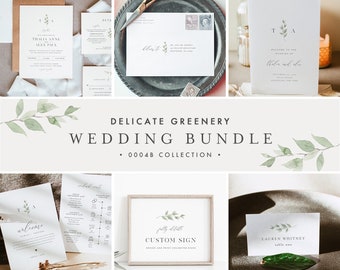 Delicate Greenery Wedding Bundle, Wedding Essential Template, Monogram Invitation Suite, Editable, Instant Download, Templett #0004B-BUNDLE