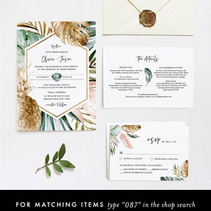 May include: Tropical wedding invitation suite with gold foil accents. The invitation features a hexagon with the couple's names and wedding details. The RSVP card has a tropical leaf design and includes options for meal choices.