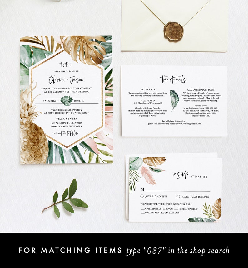 May include: Tropical wedding invitation suite with gold foil accents. The invitation features a hexagon with the couple's names and wedding details. The RSVP card has a tropical leaf design and includes options for meal choices.