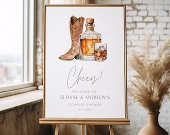 Boots and Bourbon Welcome Sign, Western Cowboy Boot & Whiskey, Bridal Shower, Editable Template, Templett, 18x24, 24x36 #0026H-298LS